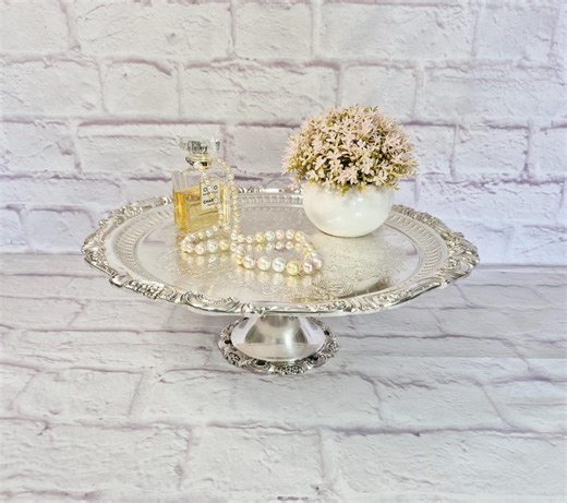 Antique Wallace Baroque Silverplate Cake Stand - Ornate Pedestal Footed Tray, Engraved Silver Dessert Stand, Antique Silver Cake Stand 1940s - Etsy