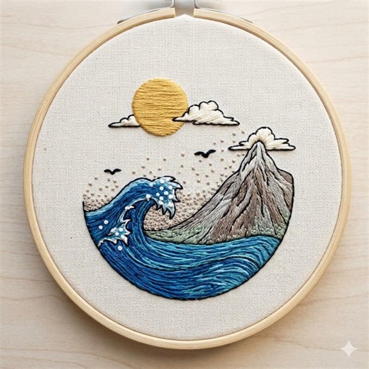Ocean Waves Embroidery Pattern, Ocean With Sun and Mountain Hand Embroidery PDF - Etsy