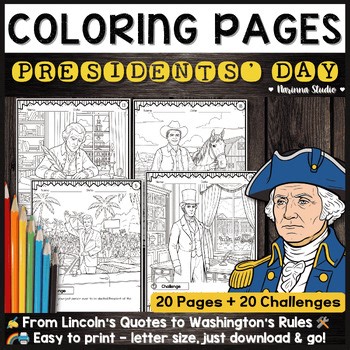 Presidents Day Activities: Coloring Pages and Challenge Problems | 20 Pages