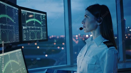 Control tower operations at night with a female air traffic controller monitoring flights in a busy city