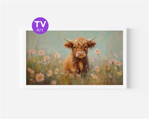 Highland Cow Frame TV Art, Samsung Frame TV Screensaver, Pastel Farmhouse Cow Art - Etsy