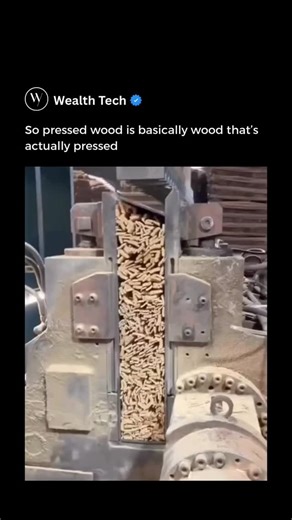 Explain Vision on Instagram: "The X post features a 37-second clip showing how particleboard is made. You see wood chips moving through the line before getting crushed inside a hydraulic press until they turn into solid sheets, which matches the simple idea behind “pressed wood” in a funny way. In reality, particleboard comes from recycled wood waste mixed with resin, then packed and pressed under high heat and pressures reaching about 50 atmospheres. The industry produced more than 56 million c