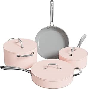 CIARRA Non Stick Cookware Set, Ceramic Pots and Pans Set with Lid, Non Toxic Cooking Set, PTFE & PFOA Free, Oven Safe & Compatible with All Stovetops, Pink