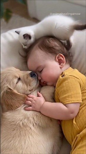 Kitten Joins Sleeping Baby and Dog 💛