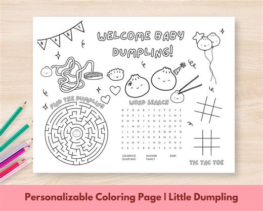 Little Dumpling Baby Shower Coloring Page, Personalizable Text, Printable Placemat, Kids Activity Sheet - Etsy
