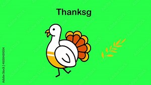 Happy dancing turkey cartoon with Thanksgiving lettering on green screen animation.