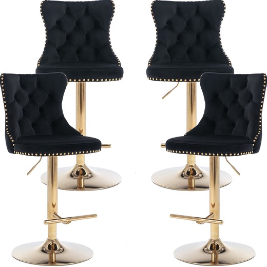 ODUSE-DAILY Black Velvet Bar Stools Set of 4 - Adjustable Swivel Counter Height Chairs with Tufted Back and Nailhead Trim for Kitchen Island Pub Restaurant (4Pcs, Gold Metal, Black)