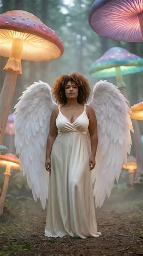 Towering mushroom forest. Giant caps create cathedral scale. Editorial photoshoot reference. #photoshootwings #editorialfashion