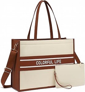 LOVEVOOK Laptop Tote for Women, 15.6 Inch, Large Capacity Work Bag, Lightweight Computer Bag with Clutch Purse for Office, Business, College, Travel, Casual, Canvas & PU Leather