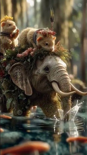 beautiful scene of small creatures riding on the back of a small elephant back across a stream