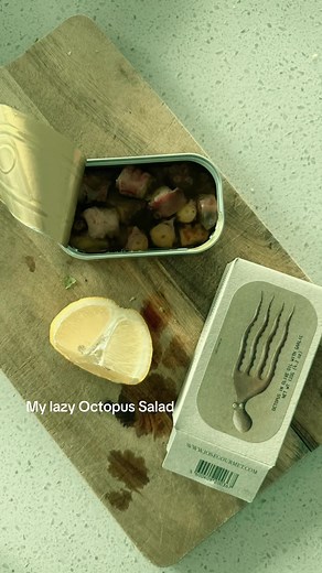 My lazy Octopus Salad Jose Gourmet Octopus in Olive oil Lettuce from my mums vege patch make sure your mum washes it for you like mine. Balsamic Vinegar Lemon just a little Caviaroli drops (my little secret ingredient) pm for details and where to get it. #tinfishtok #tinfishdatenight #tinfish #foodie