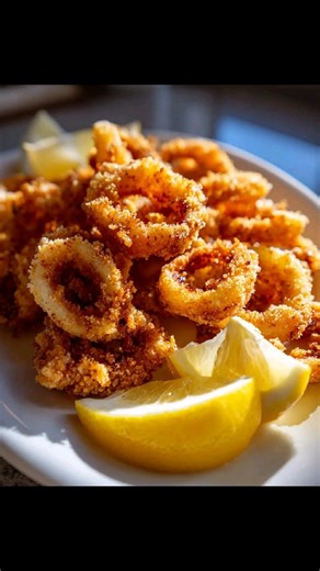 🦑 Crispy Fried Calamari ✨ Ingredients • 500 g calamari rings (about 1–1.5 cm thick) • 1 cup all-purpose flour • ½ cup cornstarch (makes it extra crispy) • 1 tsp salt • 1 tsp black pepper • 1 tsp paprika (optional) • 1 tsp garlic powder (optional) • Oil for deep frying (sunflower or canola) • Lemon wedges • Fresh parsley (optional) ⸻ 🔥 Instructions 1️⃣ Prepare the Calamari • Rinse calamari rings under cold water. • Pat them completely dry with paper towels. Dry calamari = crunchier coating. ⸻ 2