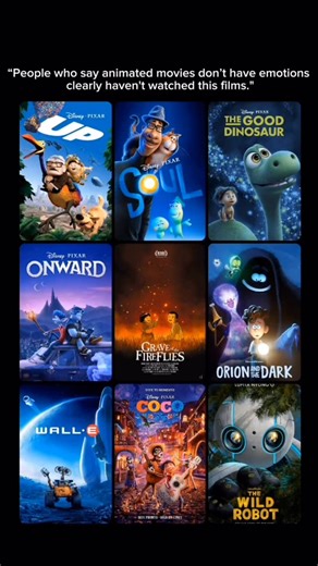 Aman Raj Singh on Instagram: "“If you think animated movies lack emotions, this movies will prove you wrong.”👇🏻 1. Onward – adventurous but emotional (family & brotherhood). 2. The Good Dinosaur – simple but heartwarming and sad. 3. Soul (Up) – life, purpose, and meaning with bittersweet emotions. 4. Up – joyful start, but heavy emotional weight early on. 5. Coco – beautiful cultural emotions, family bonds & memory. 6. WALL·E – loneliness, love & humanity’s reflection. 7. The Wild Robot – surv