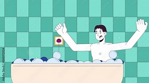Person getting shocked by electricity in bathtub line 2D animation. Deadly danger at home 4K video motion graphic. Electrocution accident linear animated cartoon flat concept on interior background