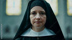 Nun woman vows dedicate life religious service. Chastity and obedience. Monastery, convent background. Sister portrait, looking at camera. Charitable work. Catholic tradition. Divine Office in church.