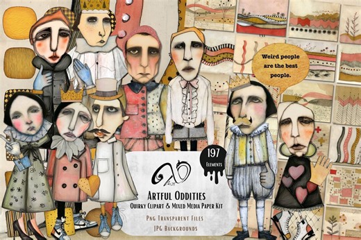 Artful Oddities — Quirky Clipart and Mixed Media Paper Kit, PNG Characters & Digital Papers (PDF) - Etsy