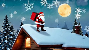 Santa Claus walk snowy rooftop at Christmas eve night deliver presents for kids. Snowflakes fall, magical winter atmosphere. Red sack filled with gifts for children. Cozy house, warmth holiday cheer.