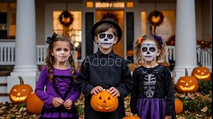 Three children in Halloween costumes trick-or-treating door to door for candy animated video