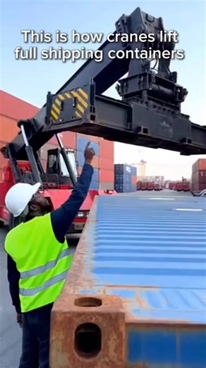 A container isn’t just lifted randomly. The crane lowers a spreader, aligns with the corner castings, locks in, and then lifts the entire container smoothly from the ground. Every movement is controlled and precise to ensure safe handling during operations. #shippingcontainer #portoperations #heavymachinery #crane #containerhandling