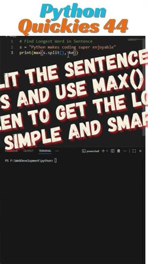 Find Longest Word in Sentence — Python 1 Liner ⚡| PyQuickies #44 #python #coding