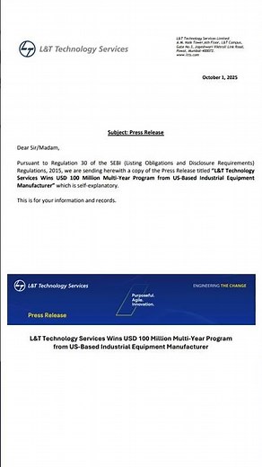 L&T Technology Services L&T Technology Services Wins USD 100 Million Multi-Year Program from US.