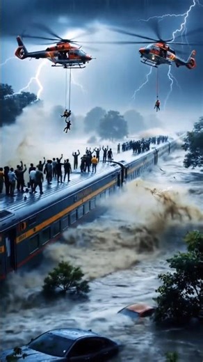 🚨🚁🌊 "Epic Helicopter Rescue! Train Passengers Trapped in Deadly Flood" #viralnow #shorts