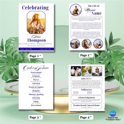 Blue and White Funeral Program Canva Template, Celebration of Life Brown, 4 Page Editable Memorial Booklet, Loving Memory, Obituary Design - Etsy UK