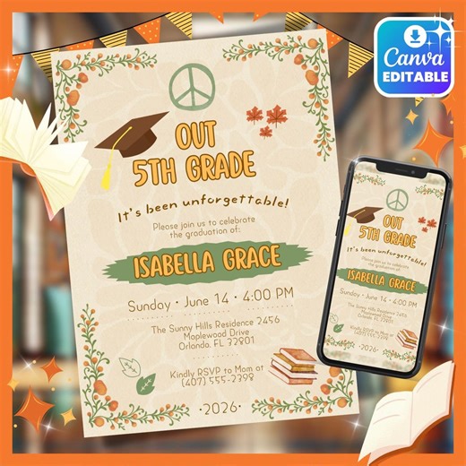 Editable 5th Grade Fall Graduation Invitation, Fifth Grade Promotion, Autumn Class of 2026 Printable (digital Template) - Etsy