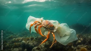 Plastic pollution is an environmental problem in the oceans. Crab stuck in plastic bag, save ocean concept. Underwater concept of global problem with plastic waste floating in the ocean