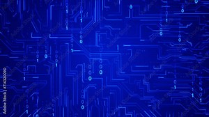 Circuit board connection and falling down binary code on blue background. Digital rain of binary numbers. Numbers flowing between lines. Moving electrons on motherboard. Internet technology concept.