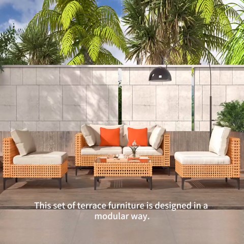 5 Piece Patio Furniture Set Modular Outdoor Furniture Set Wicker Sectional Patio Sofa with Table Cushions Patio Set for Balcony Porch Deck Yard (Salmon&Orange Wicker, Sand Cushion)