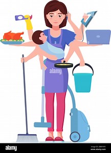 Busy mom. Vector illustration cartoon character super multitask woman mother doing housework. Busy mom is cooking cleaning working calling. Super moth Stock Vector Image & Art - Alamy