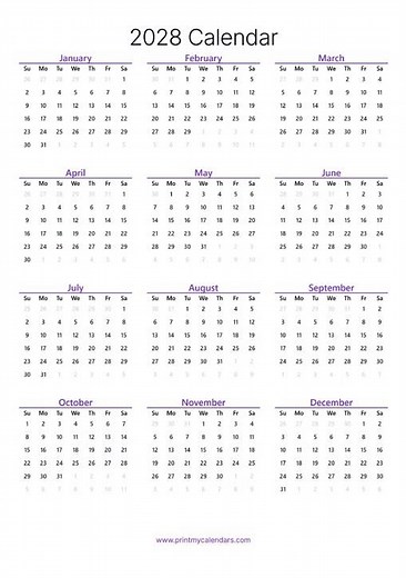 2028 Calendar Printable | Free PDF Download (US) | Landscape & Portrait #2028calendar #newyear