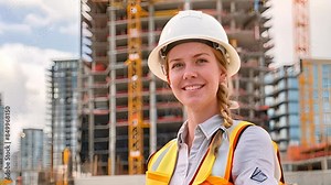 smiling female construction worker in a hard hat and reflective vest, skyscraper construction site behind