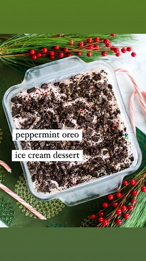 Peppermint Oreo Ice Cream dessert! ❤️💚 Smash up a 14.3oz package of Oreos, reserving 1/4 of the cookie crumbs. Combine the rest of the crushed cookies with 3 tbsp melted butter and spread them out to make a crust of sorts on the bottom of an 8 x 8 baking dish. Top with peppermint ice cream that has been sitting out for 15 minutes so it is softened and easy to spread on top of the cookie crumbs. Top with the cookie crumbs you set aside, cover and place back in the freezer to harden until you are