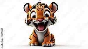 A cartoon tiger smiles with its mouth open, showing its teeth, while sitting on a white background