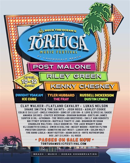 34K views · 100 reactions | PASSES ARE ON SALE NOW!!! ☀️Get ready to party with Post Malone, Riley Green, Kenny Chesney and MORE April 10-12, 2026 in Ft. Lauderdale Beach! See you on the sand! | Tortuga Music Festival | Facebook