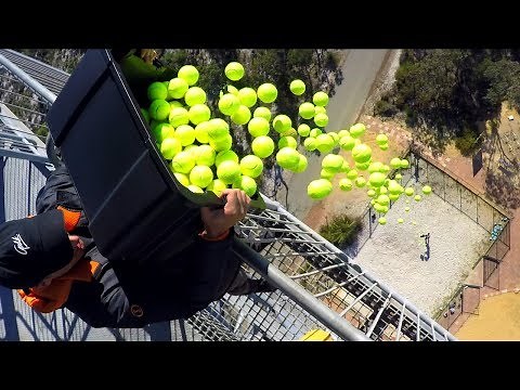 CATCHING 100 TENNIS BALLS from 45m TOWER!