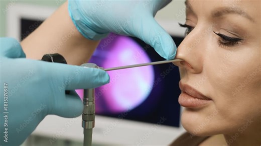 Close up of ENT doctor performing nasal endoscopy procedure on a female patient in medical clinic. Professional otolaryngology examination with endoscope, shown on monitor screen.