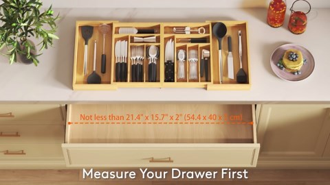 Lifewit Large Silverware Drawer Organizer, Expandable 21.4 to 36 Inches Wide, Bamboo Utensil Tray for Kitchen, Adjustable Flatware and Cutlery Holder for Spoons Forks Knives, 13 Compartments, Natural