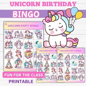 Unicorn Student Birthday Bingo Classroom Activity Indoor Game Printable Party