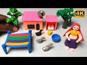 ✨DIY How To Make Polymer Clay Miniature Village House, Tree, Washroom Set, Charpai, Duck