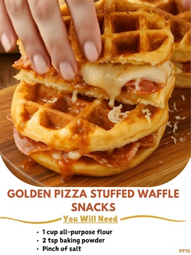 5.2K views · 54 reactions | Golden ☄️ Pizza Stuffed Waffle Snacks Ingredients 1 cup all-purpose flour 2 tsp baking powder Pinch of salt 1 egg 2 Tbsp sugar ½ cup milk ¼ cup vegetable oil 1 tsp vanilla extract ..... Full Recipe in Coʍmеոτ   | Grandma's Recipes | Facebook