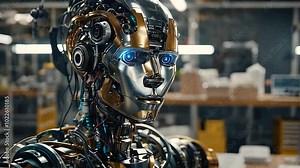 A close-up portrait of a futuristic robot's head, revealing intricate details of its metallic design and glowing eyes.