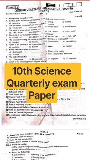 10th Science - Quarterly Exam 2025 - Original Question Paper | Model Question paper 2026 #tnscert