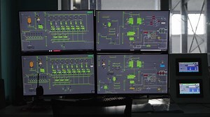 Industry 4.0 Modern Factory. Multiple monitors with control panel of a modern enterprise, fully electronic and digital control of technological processes in a plant or factory.