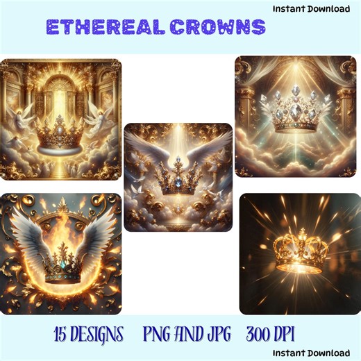 Ethereal Crown Clipart Set, Fantasy Crown Graphics, Angel Wings Crown Art, Digital Download, Scrapbooking, Commercial Use, PNG, JPG, 300 DPI - Etsy