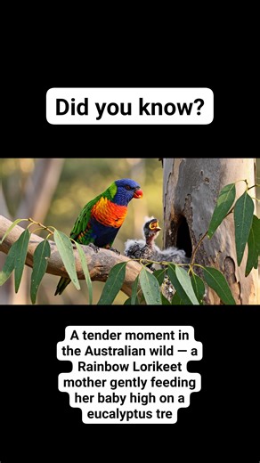 A tender moment in the Australian wild — a Rainbow Lorikeet mother gently feeding her baby high on a eucalyptus tree. | Echo Wild | Facebook