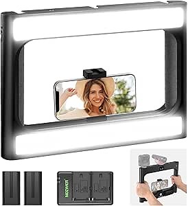 NEEWER Smartphone Video Rig with Light, Handheld Phone Stabilizer with Selfie Ring Light Dimmable 3200K~5600K CRI97+ LED Video Light for YouTube Video Recording/Makeup, Batteries&Charger Included
