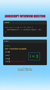 JavaScript Interview Question: var vs let Most asked JavaScript interview question! 🚀 This quick JS trick explains why var prints 3 3 3 in setTimeout, but let prints 0 1 2 using block scope. Perfect for JS interview prep and beginners. #javascript #jsinterview #coding #webdevelopment #programming aduok aduokcode | Aduok Code